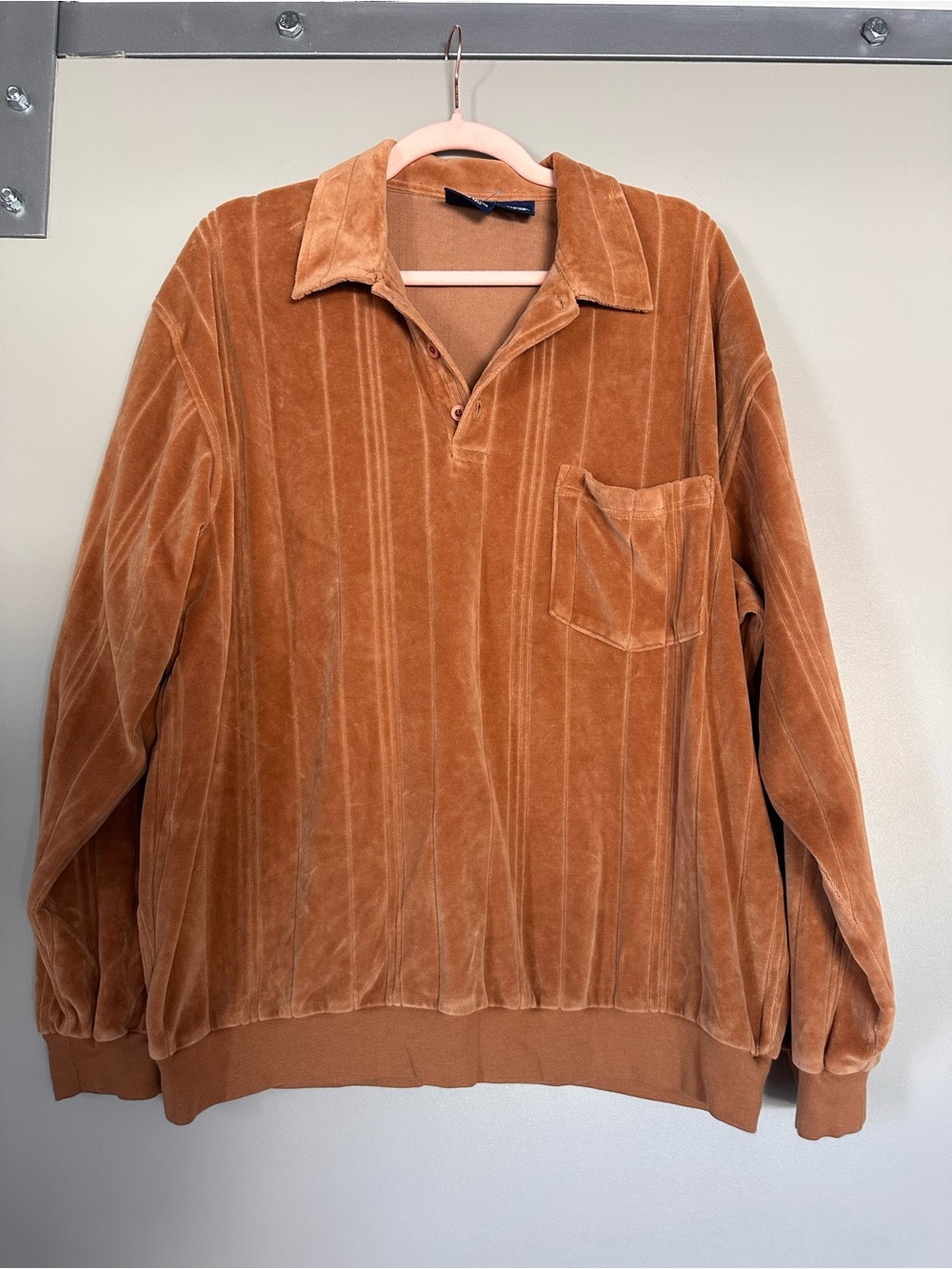 Vintage Men's Velour Polo Sweater in Rust Brown